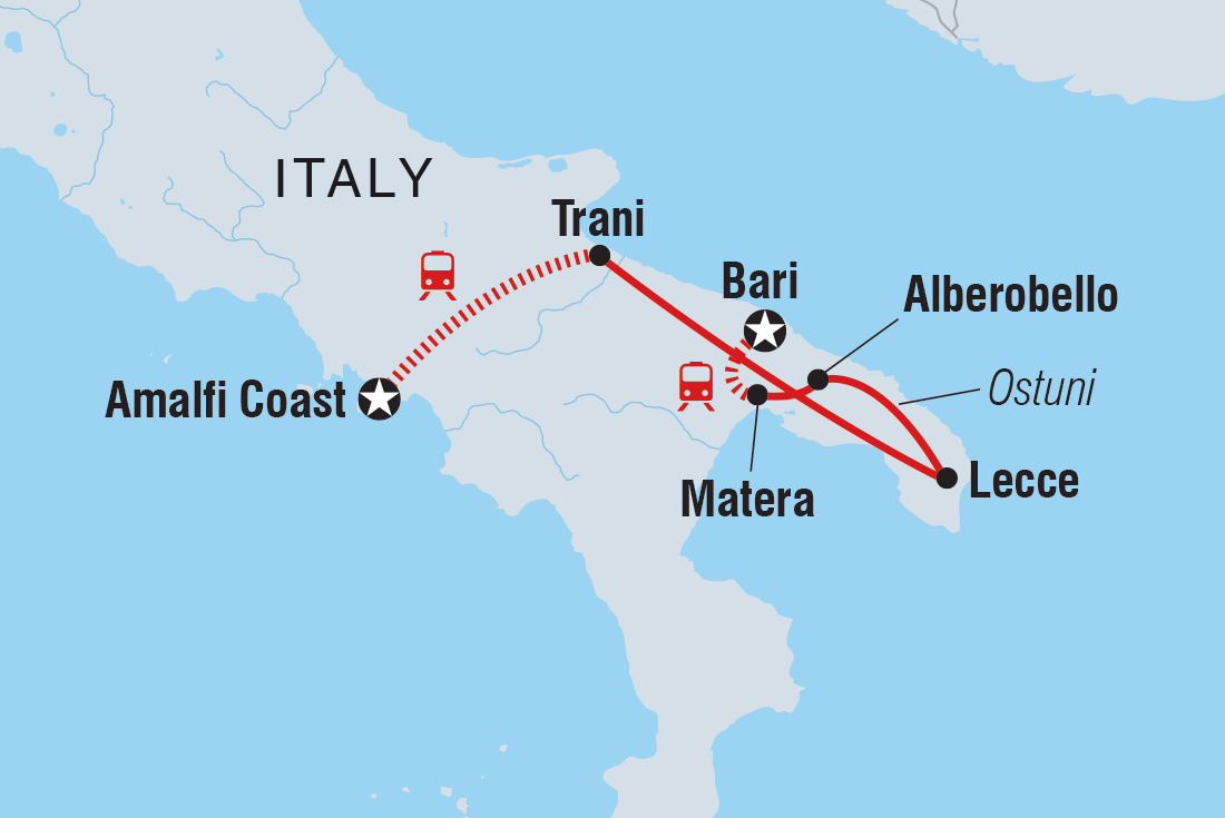 Map of Southern Italy: Amalfi Coast & Puglia including Italy