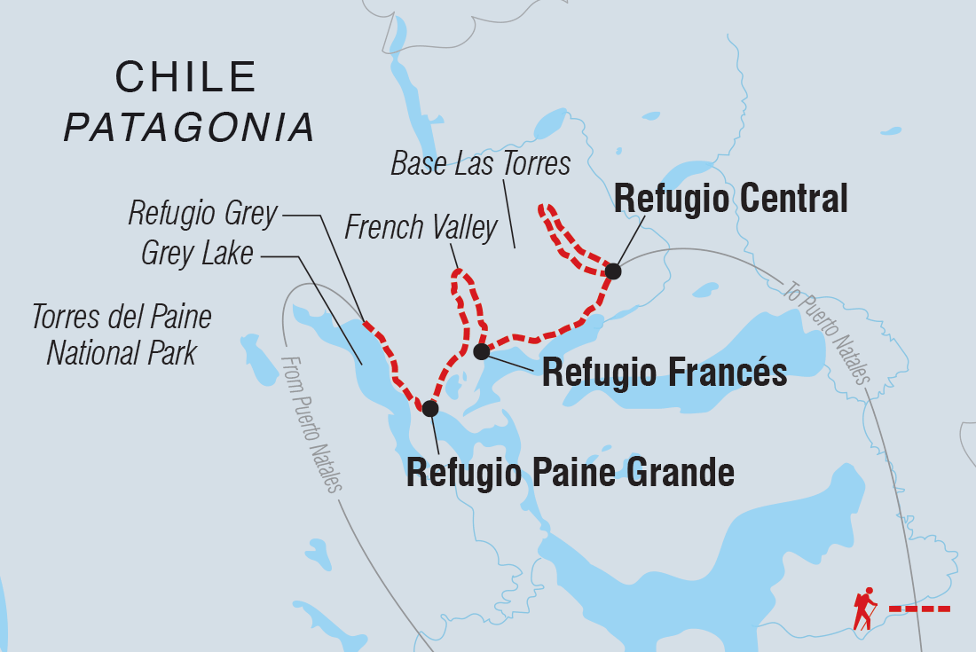 Map of Patagonia: Torres Del Paine Classic W Trek including Chile