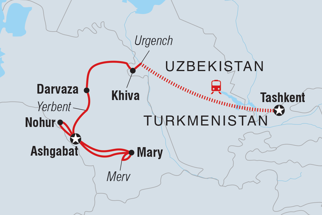 Map of Tashkent To Ashgabat including Turkmenistan and Uzbekistan