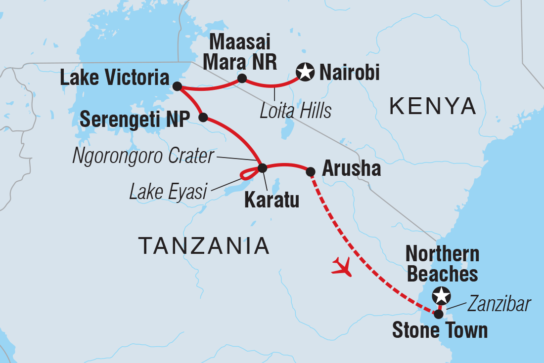 Map of East Africa Safari & Coast including Kenya and Tanzania, United Republic Of