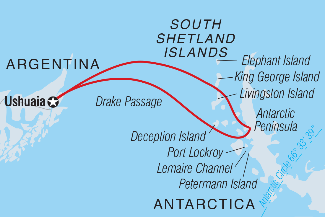 Map of Exploring Antarctica's Spring (Ocean Albatros) including Antarctica and Argentina