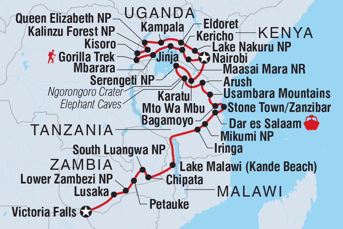 Map of Victoria Falls To Gorillas including Kenya, Malawi, Tanzania, United Republic Of, Uganda, Zambia and Zimbabwe