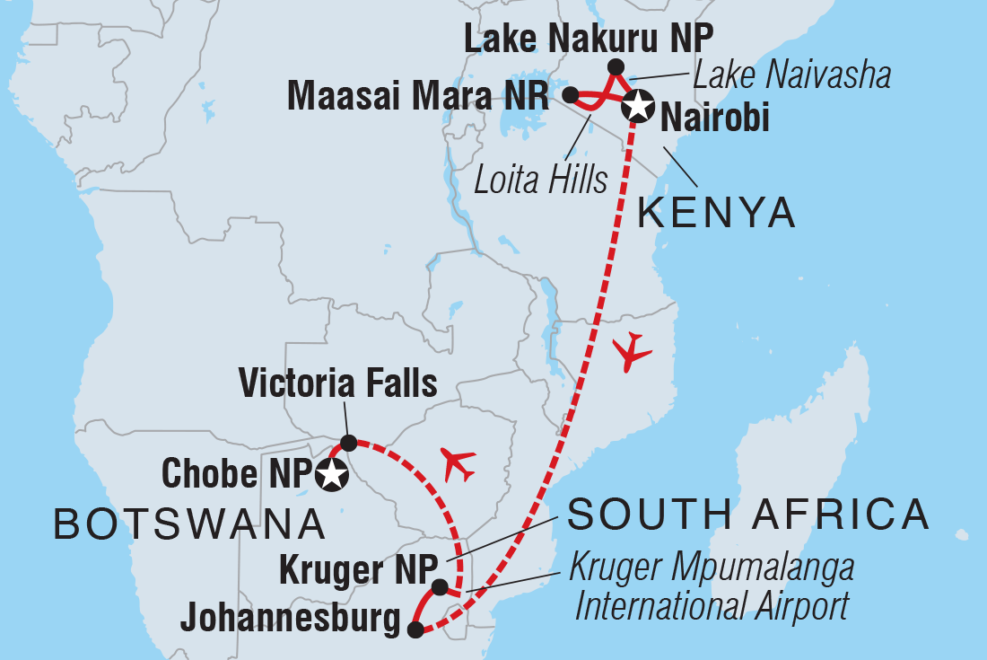 Map of Premium Kenya & Southern Africa Highlights including Botswana, Kenya, South Africa and Zimbabwe