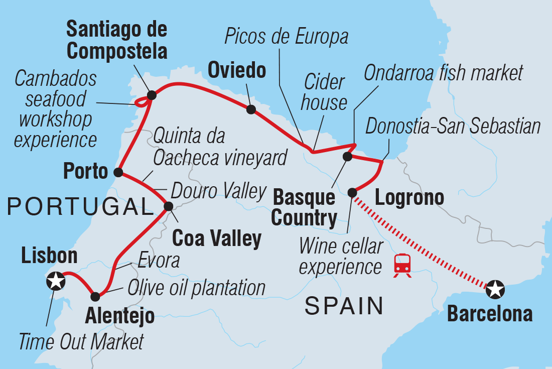 Map of Spain & Portugal Real Food Adventure including Portugal and Spain