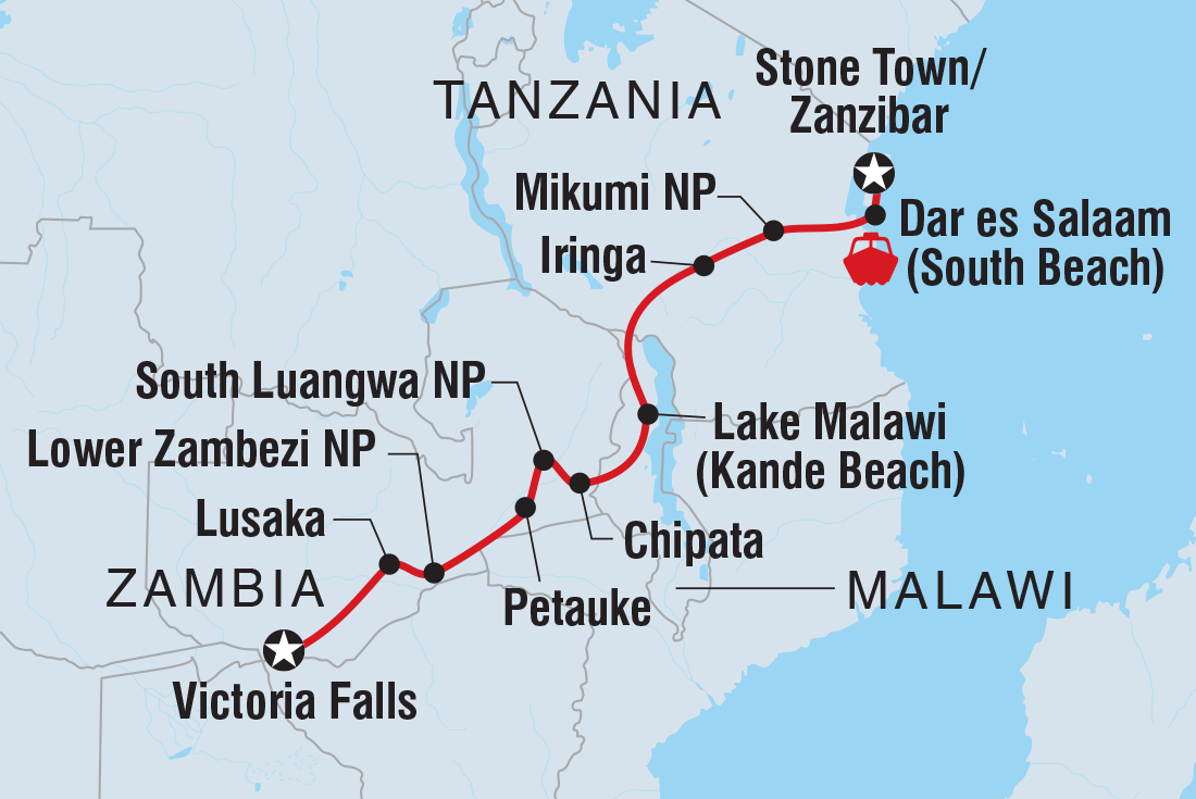Map of Victoria Falls To Stone Town including Malawi, Tanzania, United Republic Of, Zambia and Zimbabwe