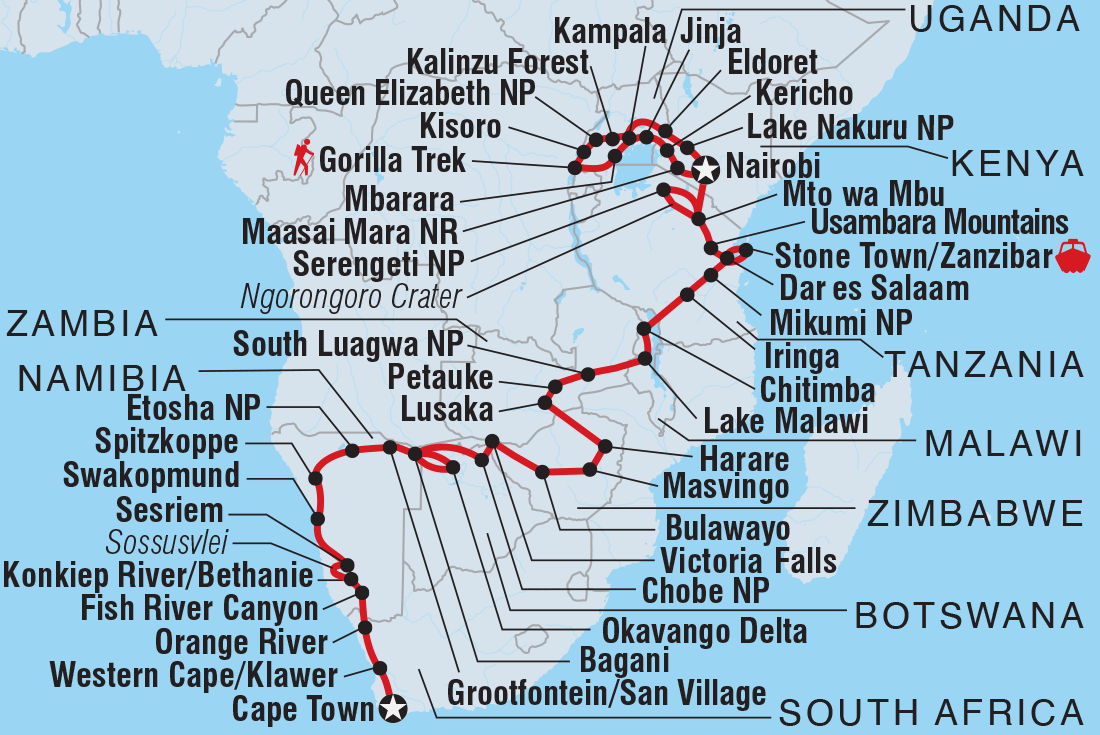 Map of Africa Encompassed Southbound including Botswana, Kenya, Malawi, Namibia, South Africa, Tanzania, United Republic Of, Uganda, Zambia and Zimbabwe