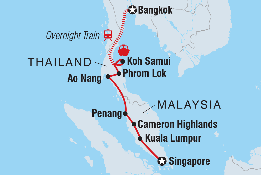Map of Real Bangkok To Singapore including Malaysia, Singapore and Thailand