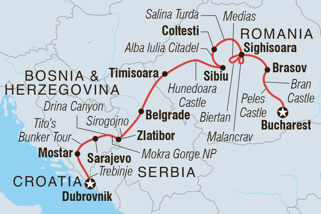 Map of Premium Dubrovnik To Bucharest including Bosnia And Herzegovina, Croatia, Romania and Serbia