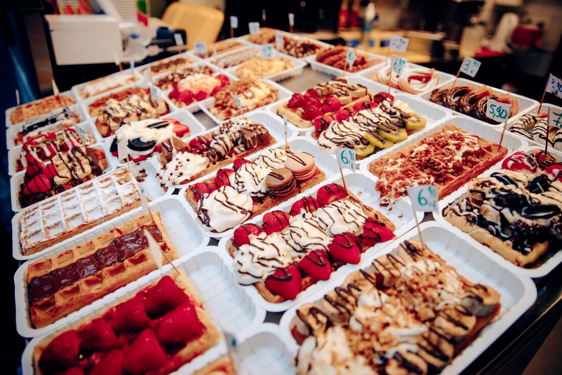 An assortment of colourful waffles in Brussels, Belgium