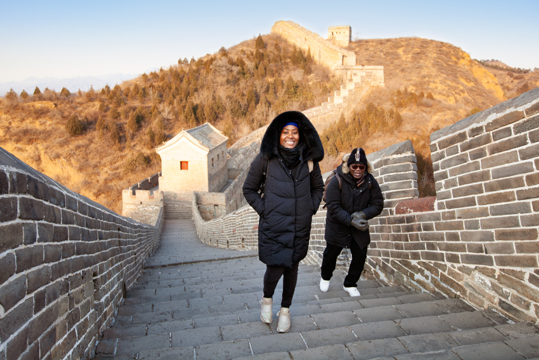 Travellers hiking the Great Wall of China in winter near Beijing