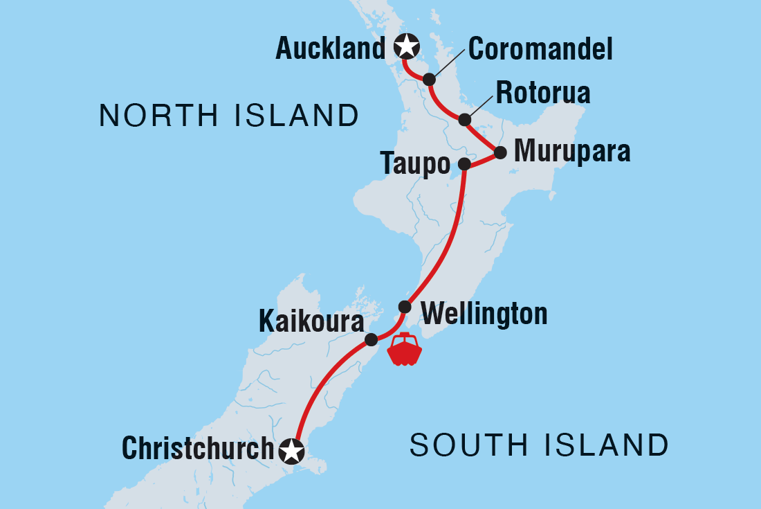 Map of New Zealand's North To South Island Adventure including New Zealand